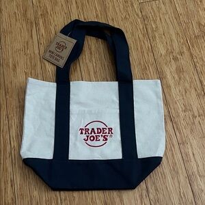 White and Navy Trader Joe's Canvas Mini Tote Bag